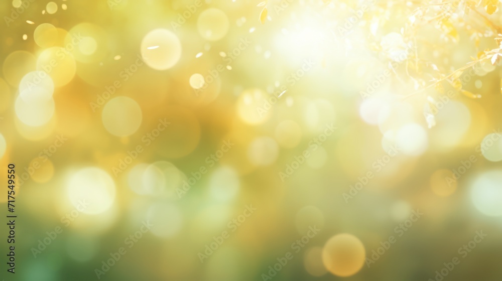 Natural outdoor bokeh backdrop in shades of light green and yellow with a halo of sunlight. Design. Cover image. Wallpaper.