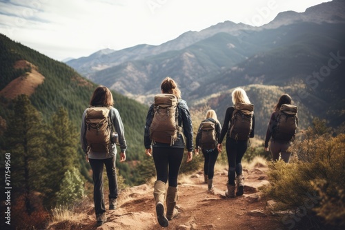 People taking part of sustainable travel movement, Young adults hiking in nature smiling joyfully together, Ai generated