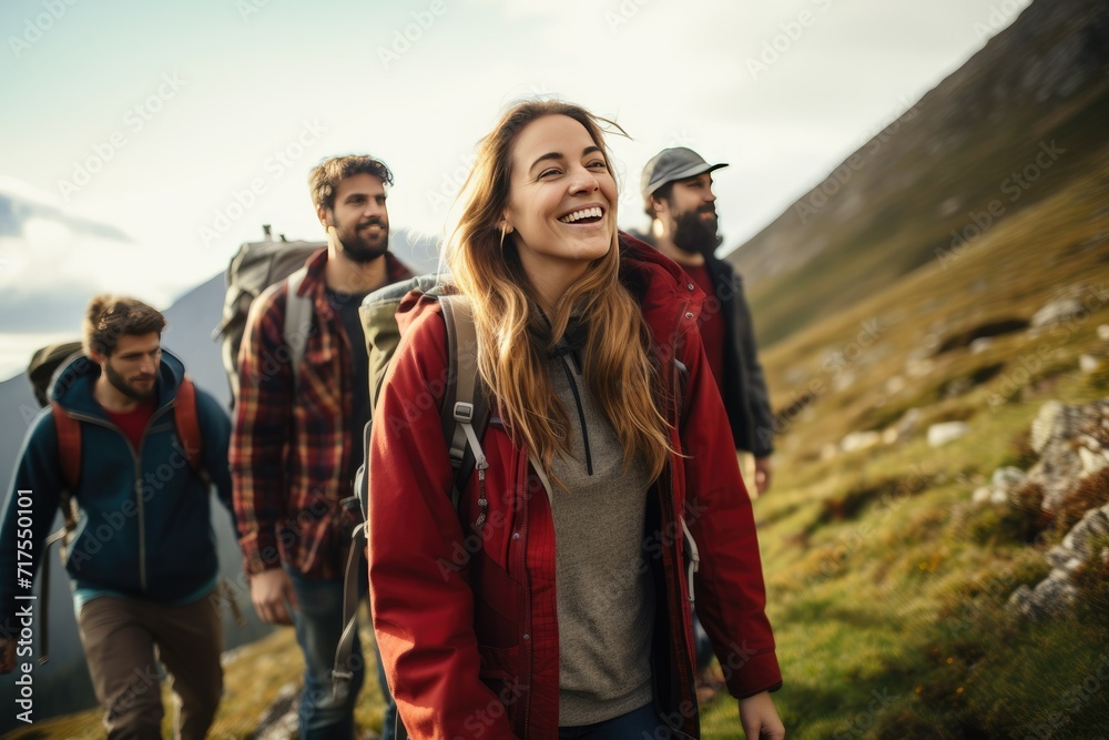 Naklejka premium group of friends hiking in mountains, A group of friends hiking in the mountains at sunset , Young adults hiking in nature smiling joyfully together, Ai generated