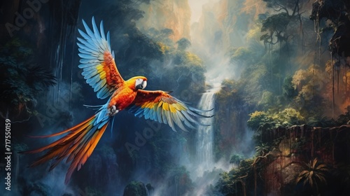 oil painting Macaw flying in the tropical forest background wallpapers photo