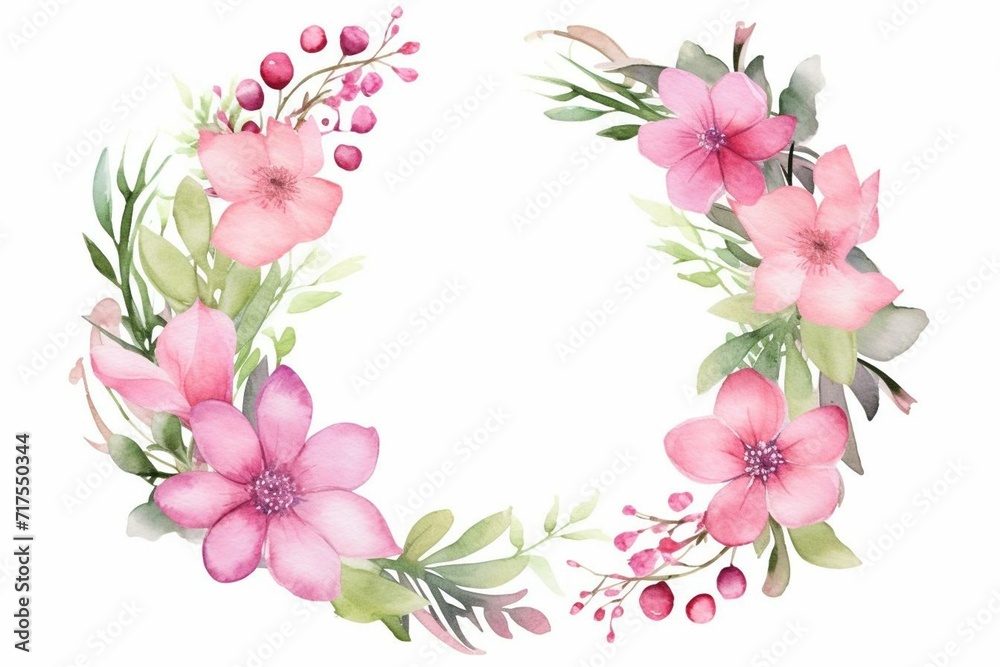 Watercolor floral wreath, greenery, pink flowers, versatile for greeting cards, invitations, holidays, summer. Illustration. Generative AI