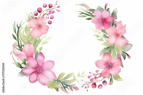 Watercolor floral wreath, greenery, pink flowers, versatile for greeting cards, invitations, holidays, summer. Illustration. Generative AI