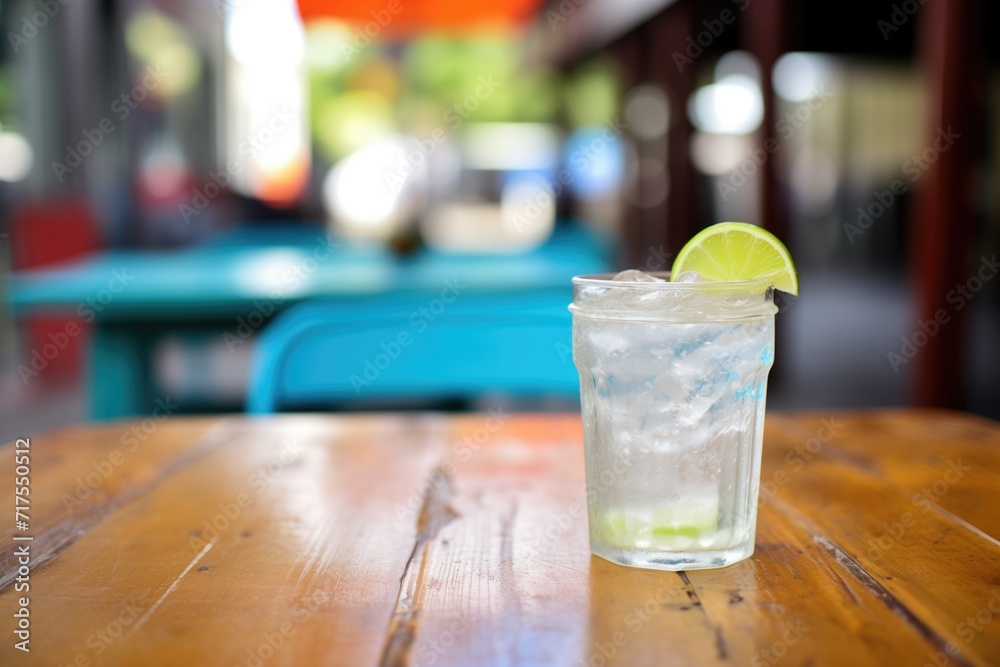 a club soda with lime slice on the rim, outdoor cafe table a club soda with lime slice on the rim, outdoor cafe table