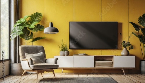 modern living room with sofa, Mockup TV in modern living room with armchair and plant on yellow wall