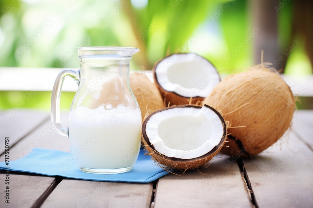 coconut water in a jug with coconut halves on a picnic table coconut water in a jug with coconut halves on a picnic table