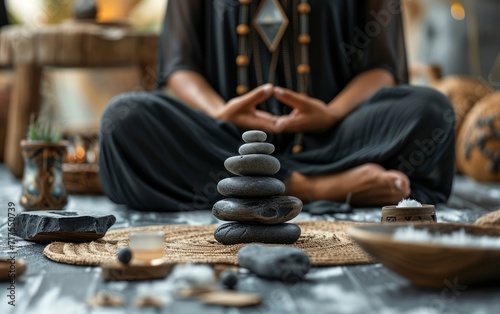 A person in a meditative pose against a backdrop of Eastern medicine symbols and accessories such as acupuncture stones and moxa
