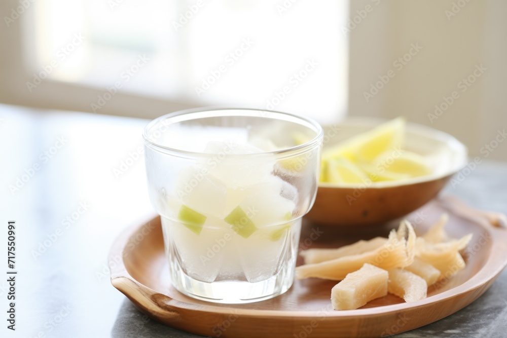 coconut water ice cubes in a glass dish