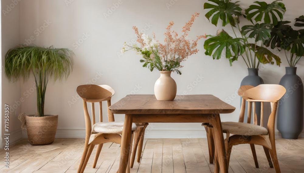 home interior dining room with wood chair and wood table,vase with flowers,plant. Generative AI. home interior dining room with wood chair and wood table,vase with flowers,plant. Generative AI.