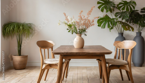 home interior dining room with wood chair and wood table,vase with flowers,plant. Generative AI.