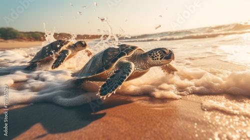 Release sea turtles after rehabilitation Concept of protecting nature and preserving animal species. photo