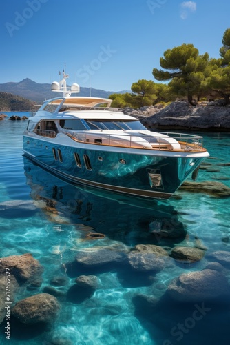Luxurious yacht anchored in the crystal-clear waters of the French Riviera, Generative AI