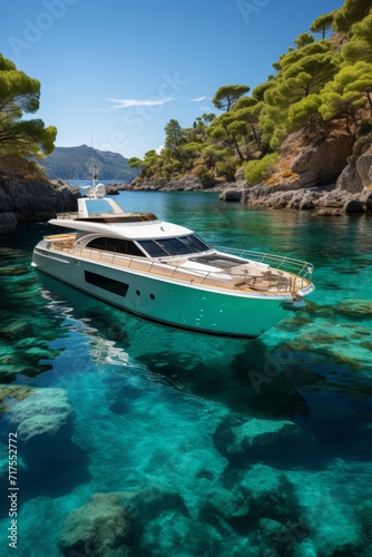 Luxurious yacht anchored in the crystal-clear waters of the French Riviera, Generative AI © Shooting Star Std