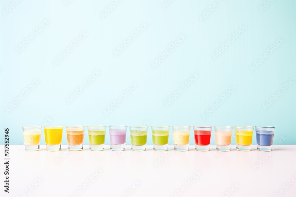 array of mini daiquiris in shot glasses, vibrant color gradient array of mini daiquiris in shot glasses, vibrant color gradient