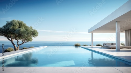 Summer exterior minimalist luxury villa with swimming pool overlooking the sea © venusvi