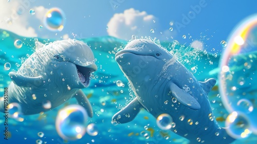 A mischievous whale blowing bubbles at her friends in the middle of a water ballet routine causing them to spin around and lose their balance in a hilarious display. photo