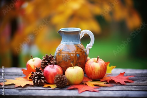 ceramic jug of cider surrounded by autumn leaves
