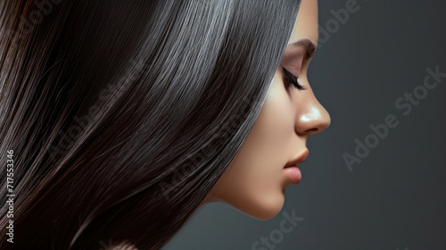 A close-up portrait captures the smooth, flowing strands of a woman's shiny, healthy hair, highlighting the beauty of detailed hair care