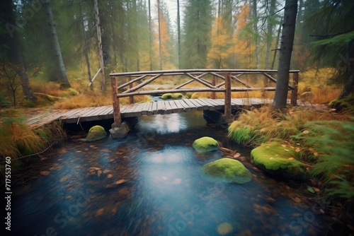 wooden footbridge crossing a babbling brook in a serene forest photo