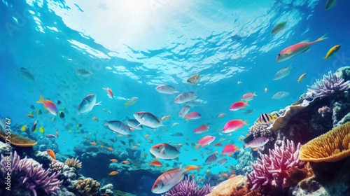 Underwater view from under colorful fish. Various species in the ocean photo