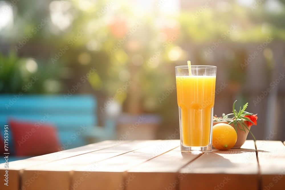 tall glass of juice on sunny outdoor table tall glass of juice on sunny outdoor table