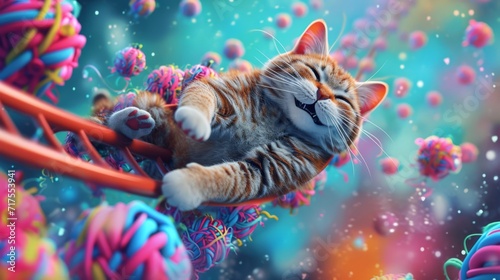 A cat on a roller coaster ride with its paws in the air and eyes closed in pure bliss surrounded by a whimsical world of colorful catnip trees and spinning yarn balls. photo