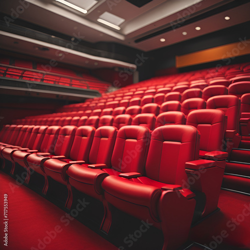 Auditorium. Empty cinema. Mock up, Soft and luxurious audience seats in an auditorium or movie theater. These chairs are arranged in rows. The decoration in the hall is beautiful and luxurious