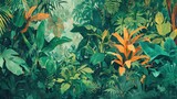 Watercolor pattern wallpaper Drawing landscapes of the Amazon forest and various wildlife.