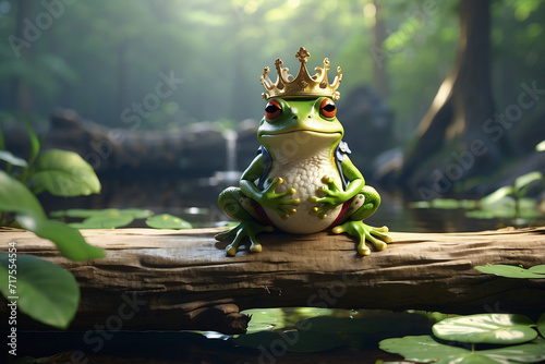 Illustration of a green frog wearing a crown in the forest photo