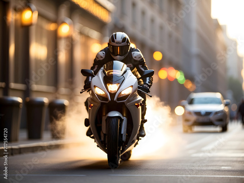 The exhilarating speed of a fast moving Motorbike ridding by a bike rider , blur environment and panning style photography