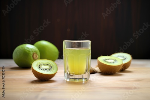 a kiwi juice glass with half and whole kiwis beside it