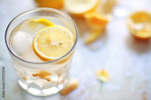 closeup of lemon slices and ice cubes inside a lemonade glass