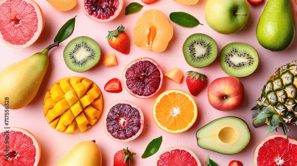 Assortment of fresh fruits displayed on a light pink background, Ai Generated Assortment of fresh fruits displayed on a light pink background, Ai Generated