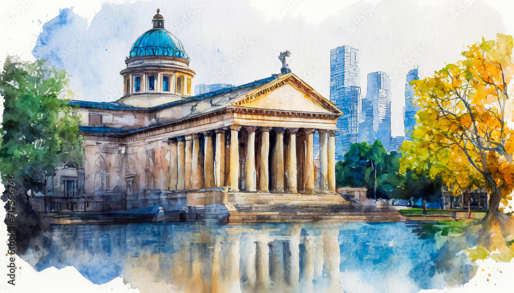 Financial Flow: Watercolor Landscapes Emanating the Dynamism of Banking Institutions