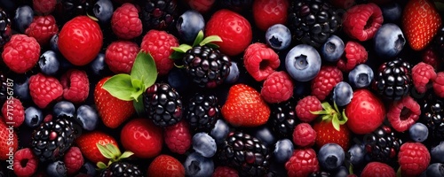 A vibrant top view of an array of fresh berries: blueberries, raspberries, and blackberries, Ai Generated