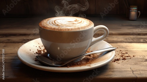 A cup of cappuccino sits on a saucer on a wooden table  Ai Generated