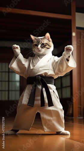 Cat doing karate in a dojo, Generative AI