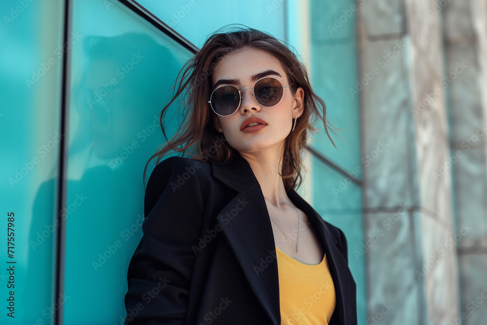 fashionable confident young woman wearing trendy outfit minimalistic fashionable confident young woman wearing trendy outfit minimalistic