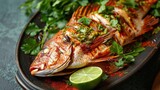 Explore the intricate textures and flavors of grilled whole fish presented on a metal plate, Ai Generated.
