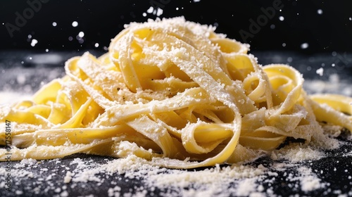 Indulge in creamy Fettuccine Alfredo  adorned with Parmesan  a striking contrast against black  Ai Generated.