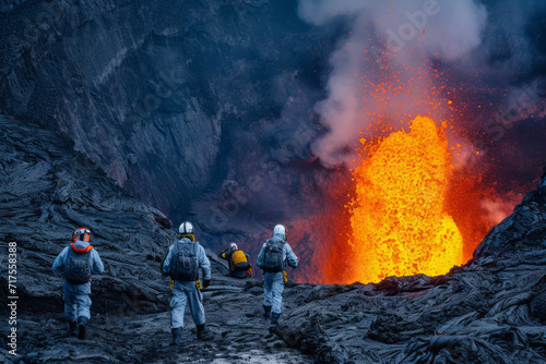The scientists in protective gear studying the vent of an active volcano amidst rugged terrain with a focus on the intensity of their work.