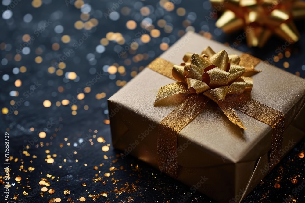 Golden gift box with a shimmering ribbon, set amidst confetti on a dark background, Ai Generated. Golden gift box with a shimmering ribbon, set amidst confetti on a dark background, Ai Generated.