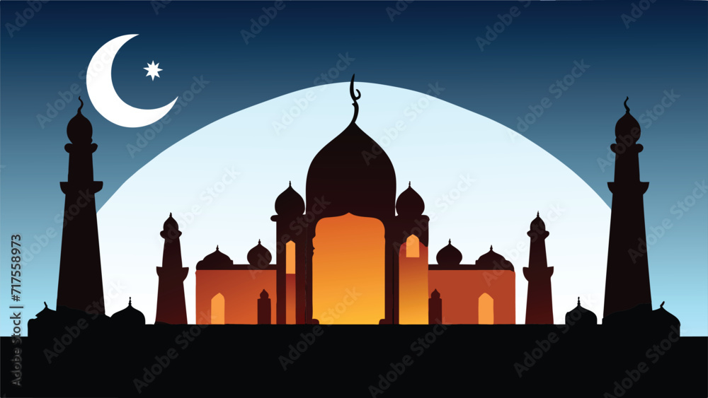 Night mosque illustration on moon and dark sky background, Ramadan Kareem background, vector banner and poster illustration