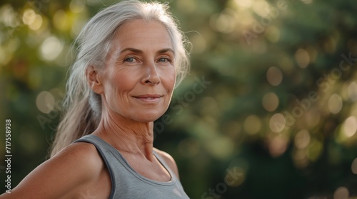 Portrait of a happy elderly woman posing after exercicing outdoors.