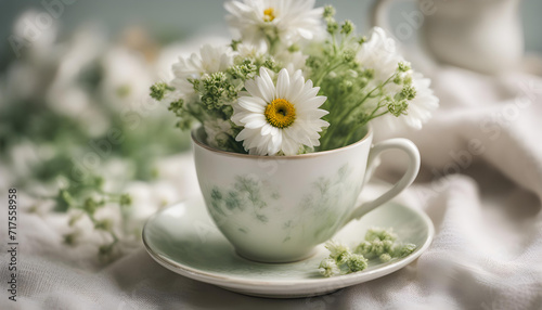 Amazing white summer flowers in a small cute cup on saucer decorated with linen cloth