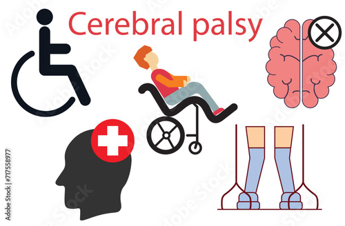 cerebral palsy,vector illustration. Labeled permanent movement disorder type scheme. Medical educational diagram with , associated impairments and treatment,wheelchairs,brain,five