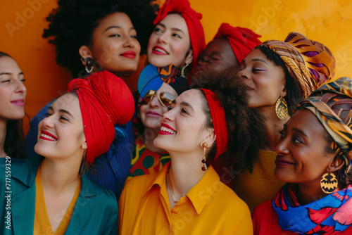 A group of women wearing bold, colorful outfits, symbolizing individuality, confidence, and celebration on International Women's Day.