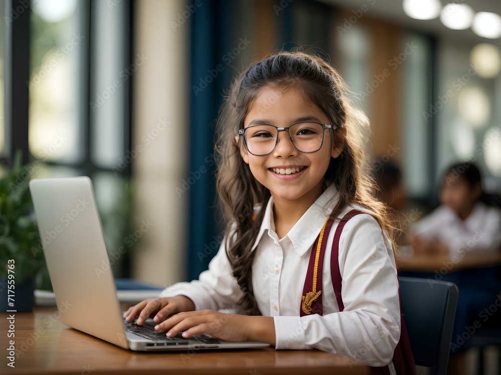 Close-up high-resolution image of a smart girl with her laptop in modern classroom. Generative AI. Close-up high-resolution image of a smart girl with her laptop in modern classroom. Generative AI.