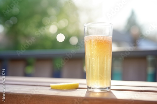 ginger ale glass with condensation on sunny outdoor table