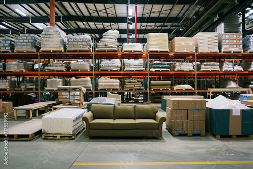 The logistics area within a furniture manufacturing warehouse reveals meticulously organized materials awaiting their transformation.