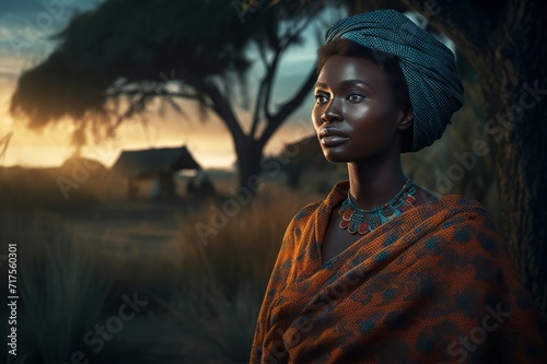 African woman in traditional dress and headwrap. Fashionable cultural black lady posing in dark savannah. Generate ai